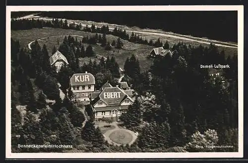 AK Benneckenstein /Harz, Kurhaus Ebert mit Park-Villa u. Damen-Luftpark, Fliegeraufnahme