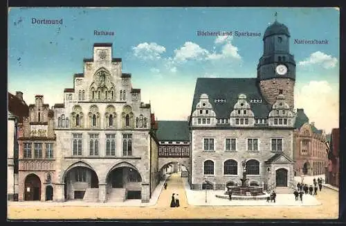 AK Dortmund, Panorama mit Rathaus, Bücherei, Sparkasse und Nationalbank