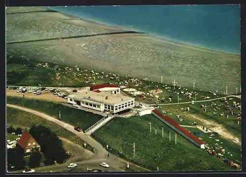 AK Burhave /Nordsee, Flachgebäude und Strand vom Flugzeug aus