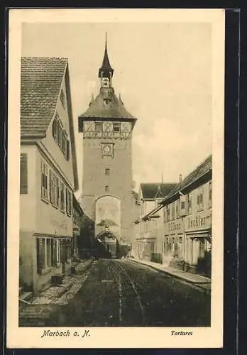 AK Marbach a. N., Strassenpartie mit Torturm