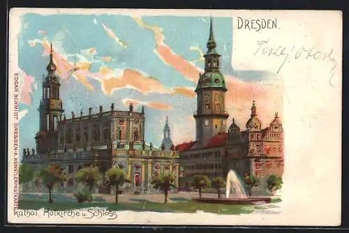 Lithographie Dresden, Kathol. Hofkirche und Schloss