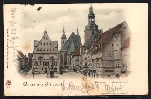AK Eisleben, Markt mit Lutherdenkmal