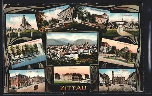 AK Zittau i. S., Krematoirum, Schillerhain, Marktplatz, Kaserne