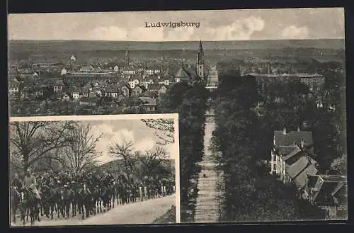 AK Ludwigsburg / Württ., Teilansicht, Soldaten in Uniformen auf Pferden