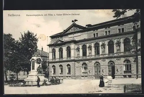 AK Heilbronn a. N., Harmoniegebäude mit Allee und Kaiser Wilhelm-Denkmal