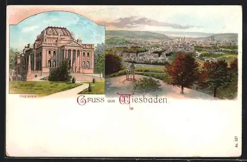 Lithographie Wiesbaden, Theater, Panorama