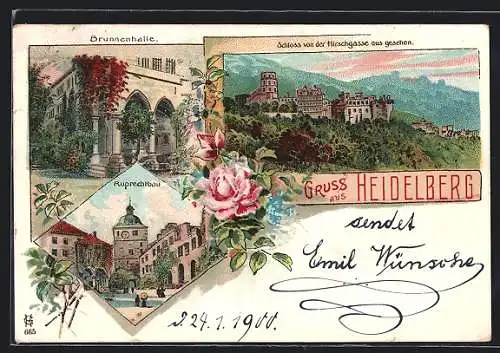 Lithographie Heidelberg / Neckar, Brunnenhalle, Ruprechtbau, Schloss von der Hirschgasse aus