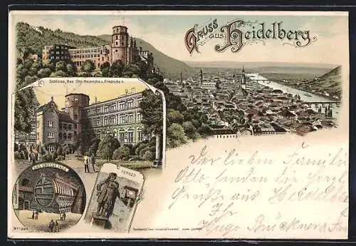 Lithographie Heidelberg, Ortsansicht, Schloss, Bau Otto Heinrichs und Friedrichs II., Das grosse Fass, Perkeo