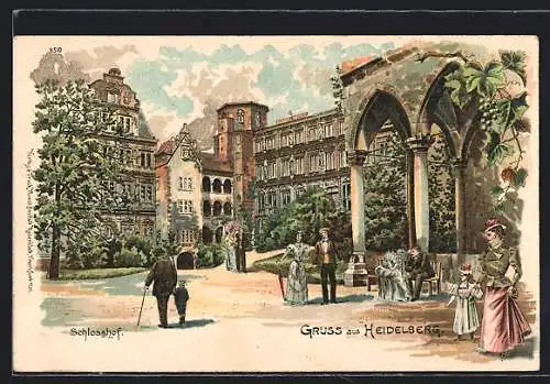 Lithographie Heidelberg, Partie im Schlosshof