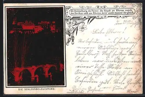 Lithographie Heidelberg a. N., Schloss bei Beleuchtung