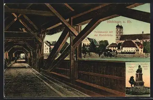 AK Säckingen a. Rh., Totale mit Rheinbrücke, Trompeter- und Scheffeldenkmal