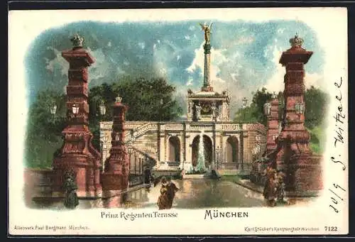 Lithographie München, Blick auf die Prinz Regenten Terrasse