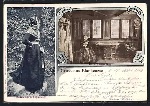 AK Hamburg-Blankenese, Alte Blankeneser Stube, Frau in Tracht