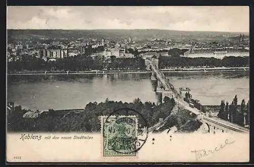 AK Koblenz, Ortsansicht mit den neuen Stadtteilen und Brücke aus der Vogelschau