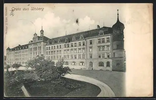 AK Ursberg, Historisches Turmgebäude mit Anlagen