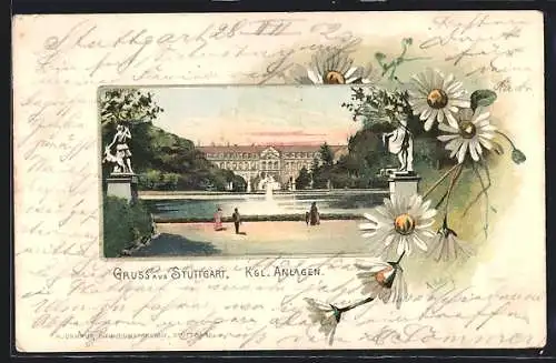 Lithographie Stuttgart, Kgl.Anlagen mit Springbrunnen