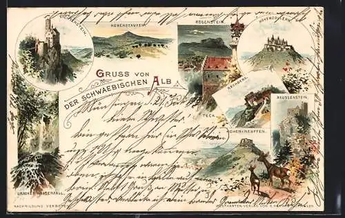 Lithographie Hohenstaufen / Schwäb. Alb., Lichtenstein, Rosenstein, Hohenzollern, Reussenstein