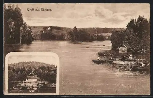 AK Ebnisee, Seeidylle mit Ruderern, Gasthaus