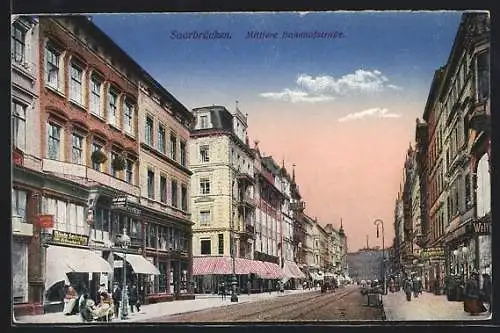 AK Saarbrücken, in der Mittleren Bahnhofstrasse, Blick zur Bergwerksdirektion