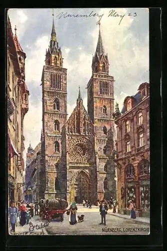 Künstler-AK Charles F.Flower: Nürnberg, Lorenzkirche Strassenansicht, Wagen mit Fässern beladen davor