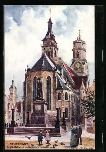 Künstler-AK Charles F. Flower: Stuttgart, Stiftskirche und Schiller Denkmal