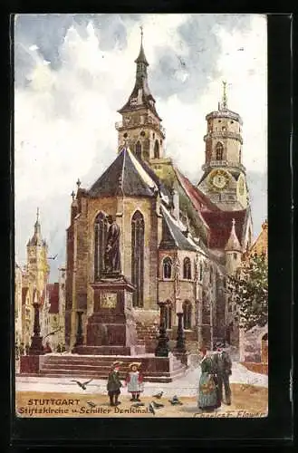 Künstler-AK Charles F. Flower: Stuttgart, Stiftskirche und Schiller Denkmal