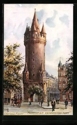 Künstler-AK Charles F. Flower: Frankfurt, Passanten vor dem Eschenheimer Turm