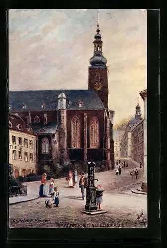 Künstler-AK Charles F. Flower: Saarbrücken, Strassenpartie mit Schlosskirche