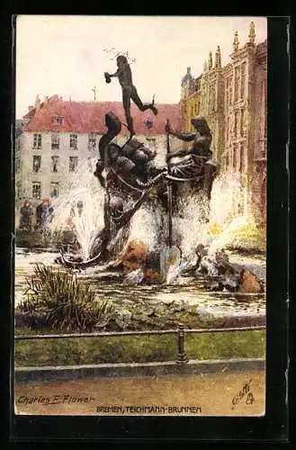 Künstler-AK Charles F. Flower: Bremen, Blick auf den Teichmann-Brunnen