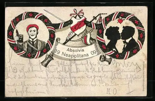Lithographie Neapolitana, Absolvia 1909, Student und küssendes Paar, Wappen und Degen