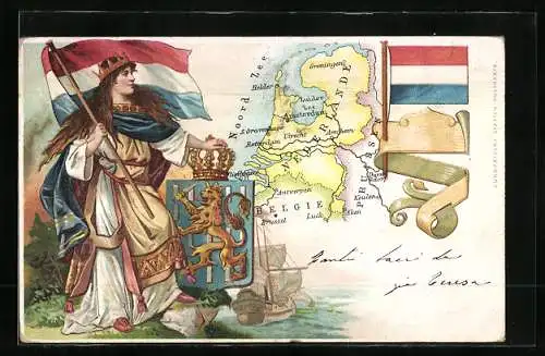 AK Niederlande, Königliches Wappen von den Niederlanden, Karte
