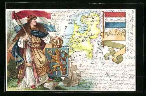 Lithographie Landkarte, Flagge und Wappen der Niederlande, Göttin