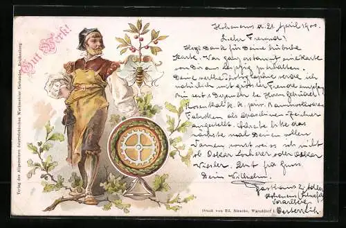 Lithographie Gut Werk, Handwerker in Arbeitskleidung, Zahnrad und Wappen mit Biene