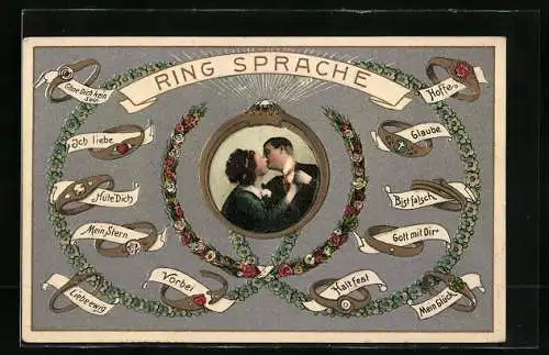 Präge-AK Ring-Sprache, sich küssendes Liebespaar, Ringe verraten anhand ihrer Steine die Sprache