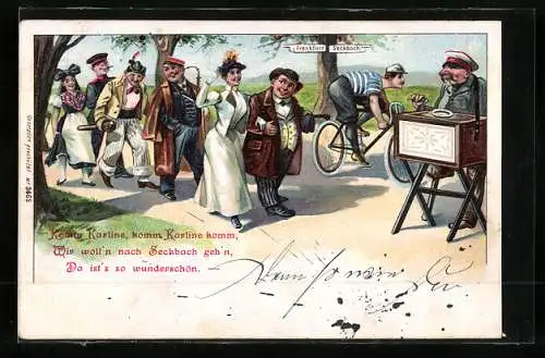 Lithographie Mann mit Leierkasten steht an der Strasse im Sonnenschein