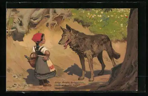 Künstler-AK P. Hey: Märchen, Rotkäppchen trifft den bösen Wolf