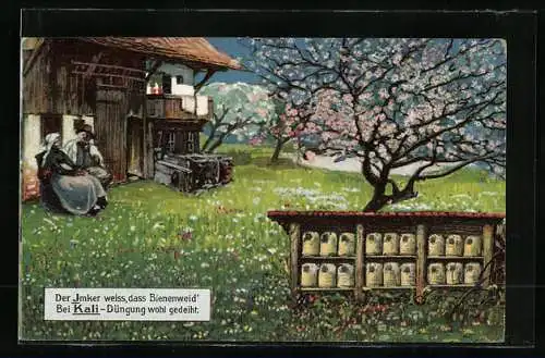 AK Imkerpaar und Bienenstöcke auf Blumenwiese, Reklame Kali-Düngung