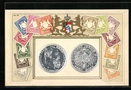 AK Briefmarken und Wappen Bayerns, 3-Mark-Münze Prinz Luitpold