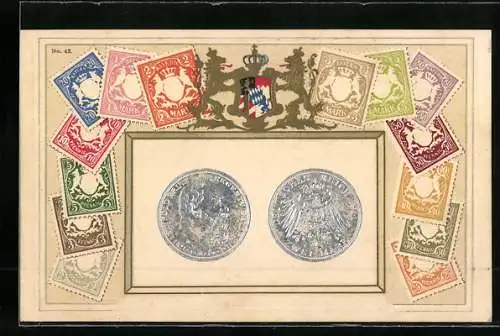 AK Zwei Reichsmark Münze umrahmt von verschiedenfarbigen Briefmarken