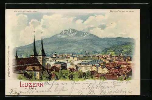 Lithographie Luzern, Teilansicht mit Pilatus