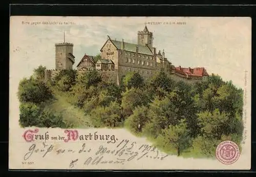 Lithographie Eisenach, Blick nach der Wartburg