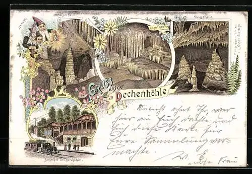 Lithographie Iserlohn, Dechenhöhle, Kaiserhalle, Orgelgrotte, Königshalle