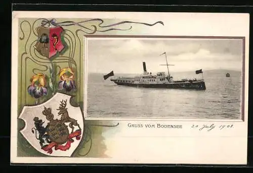 Passepartout-Lithographie Bodenseedampfer Koenig Wilhelm auf See