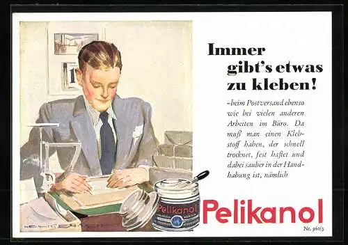 AK Reklame für Pelikanol-Kleber, Mann am Schreibtisch
