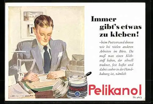 AK Reklame für Pelikanol-Kleber, Mann am Schreibtisch