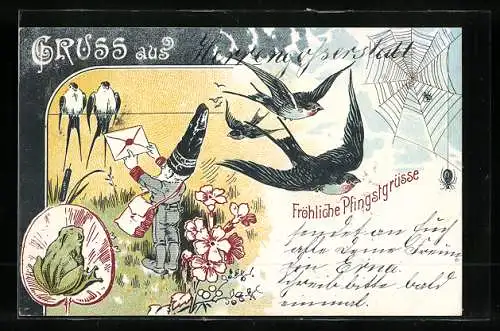 Lithographie Zwerg als Briefträger übergibt zwei Vögeln einen Brief, Frosch und Spinnennetz