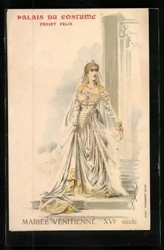 Künstler-AK Mode, Dame in weissem Kleid mit Perlen Applikationen und Raffungen, Mariee Venitienne