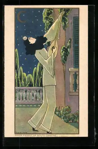 Künstler-AK Verliebter Harlekin musiziert vor einem Haus