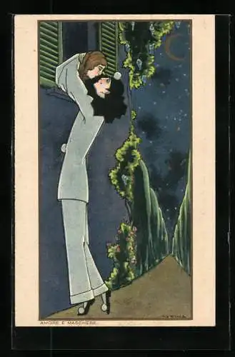 Künstler-AK Amore e Maschere, Harlekin küsst seine Liebeste am Fenster