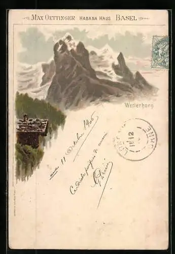 Lithographie Wetterhorn-Gletscher, Panorama mit Hütte, Reklame für Habana Haus Max Oettinger, Basel